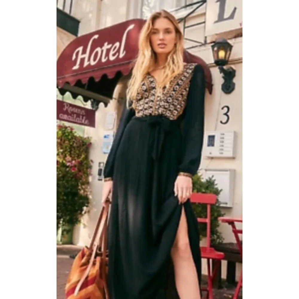 FREE PEOPLE Women's Size XS HEARTS‎ DESIRE EMBROIDERED Maxi BLACK DRESS NEW